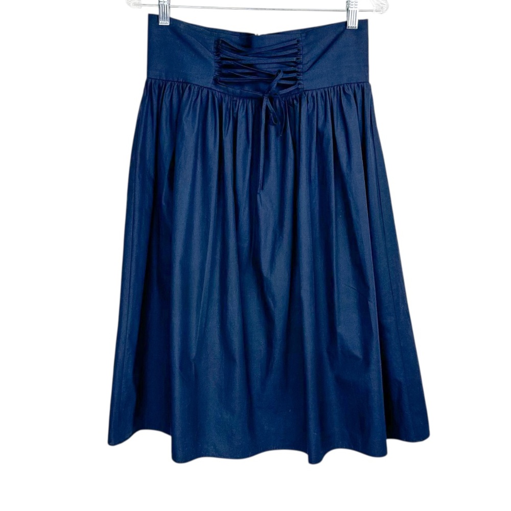 Zara Corset Lace Up Waist Midi Skirt Sz Medium Navy Blue Poplin Cotton